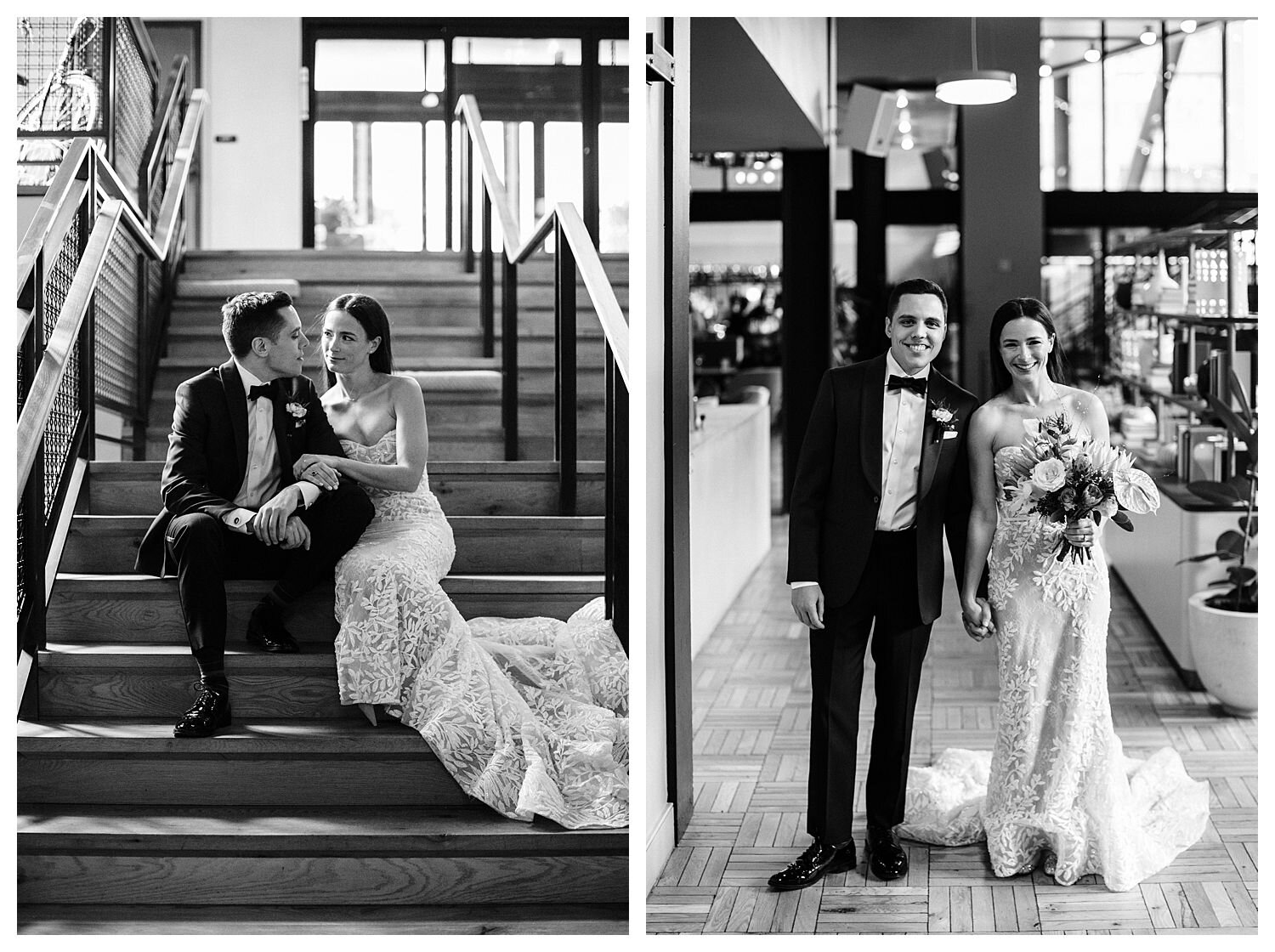 Black and white bride and groom on stairs portrait