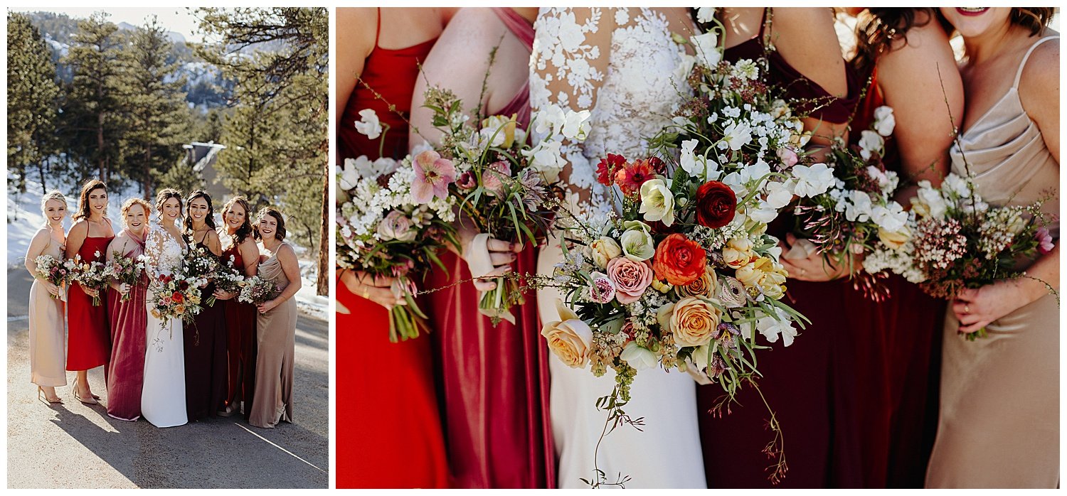 orange red and pink bridesmaids dresses