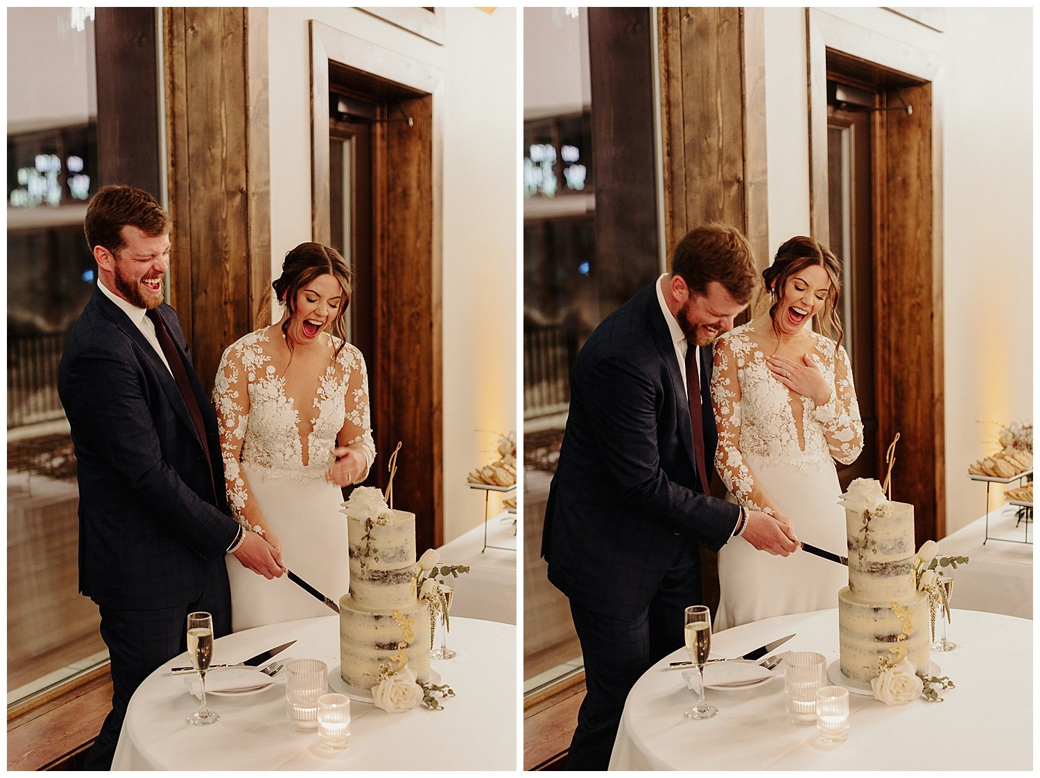 couple cutting cake with glowing light