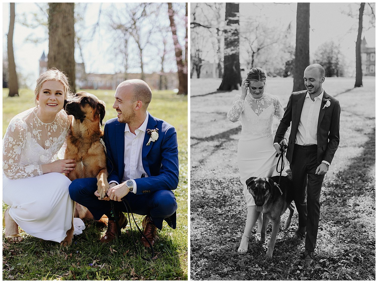 bride and groom with dog in park