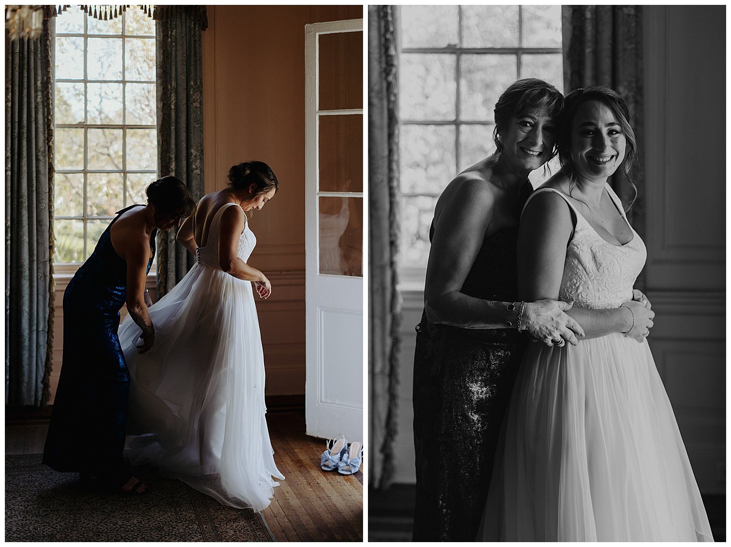 mother of the bride helping bride get dressed