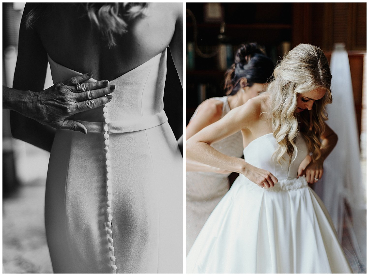 bride getting dressed for pawley's island wedding