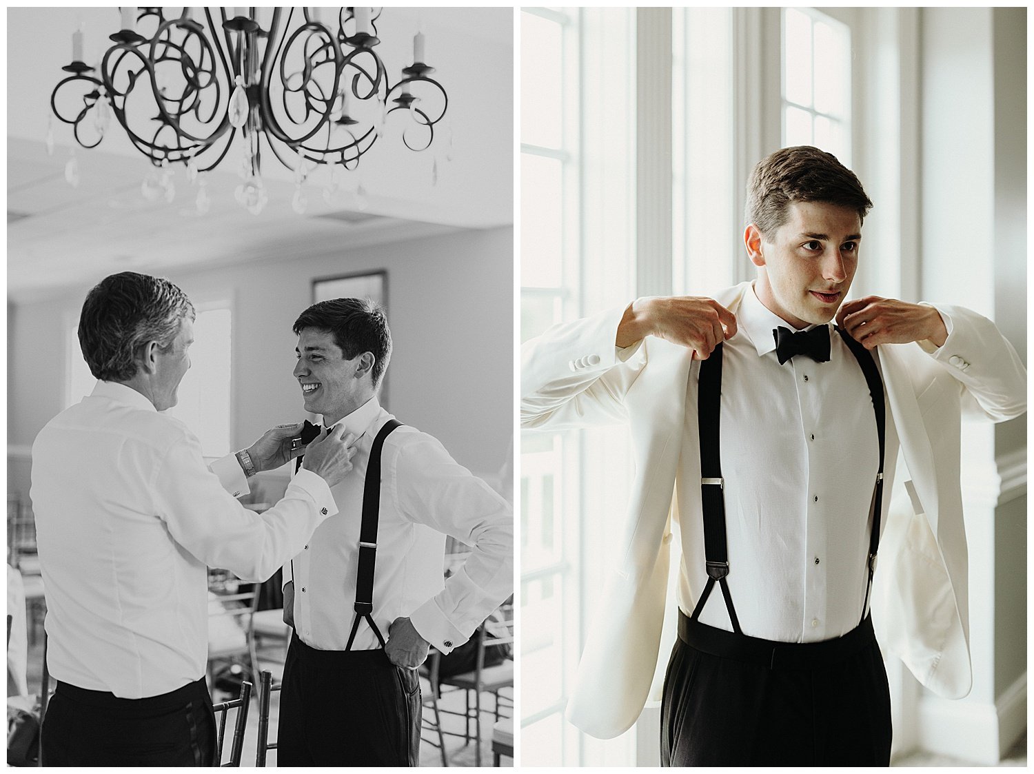 groom tying bowtie while getting ready