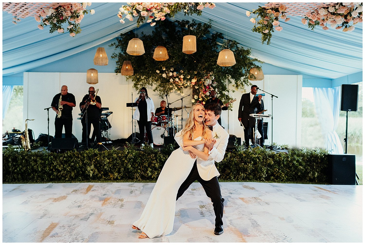 bride and groom first dance inside Pawley's Island wedding