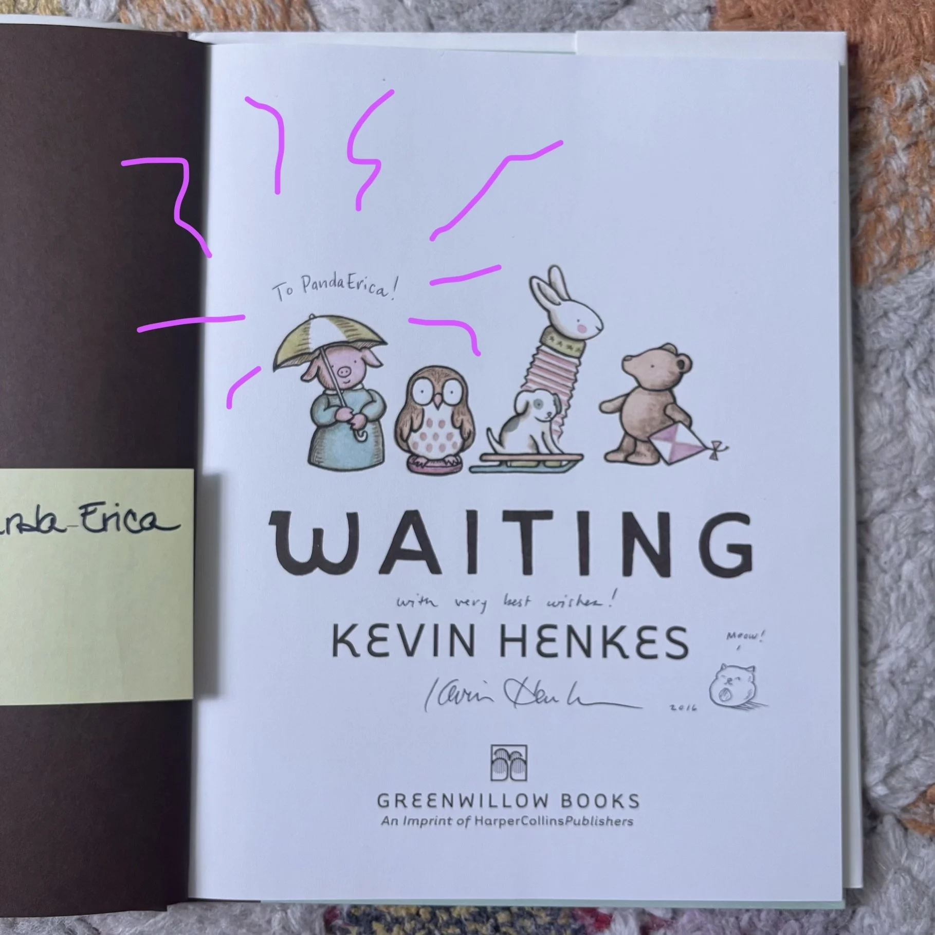  Autographed copy of WAITING by Kevin Henkes at the HarperCollins Publishers NYC office for private book signing for the children’s book department circa 2015 