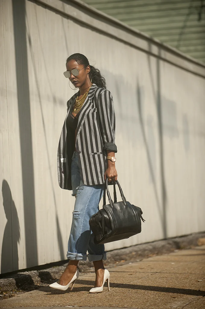 Vintage Striped Blazer with Shoulder Pads