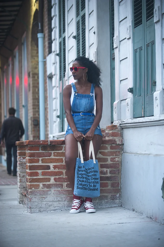 H&M Overall Shorts, American Apparel Bag, Red Leather Converse