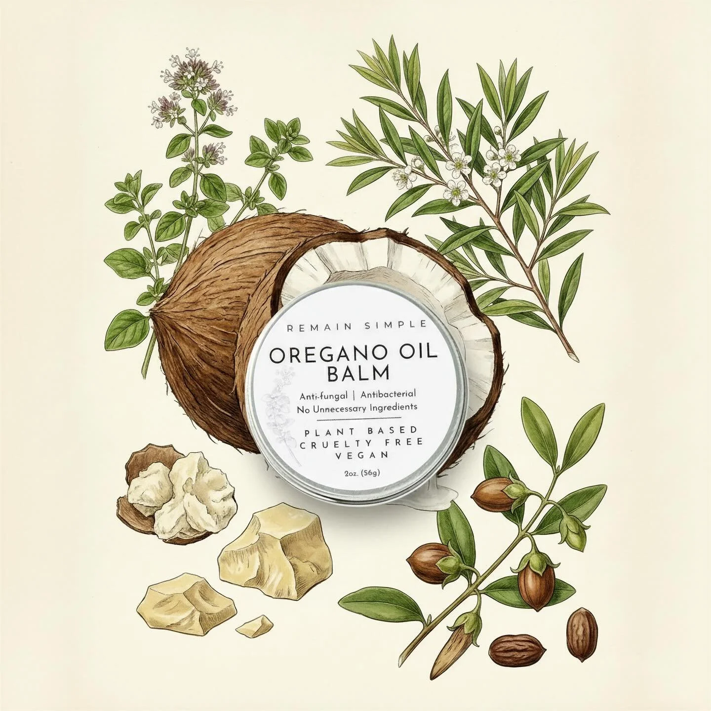 Remains Simple Oregano Oil Balm is made with clean and organic ingredients only. No nut oils. No preservatives. No chemicals. No dyes. Just a gentle and minimal formula made for sensitive and reactive skin.

This balm keeps it pure and simple. Smooth