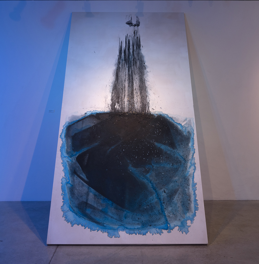 Ablation Site: The Past Can't be Seen and the Future has Nowhere to go. Ice embedded with Carbon, Graphite, Pigment, Acrylic melted on canvas. 2016.