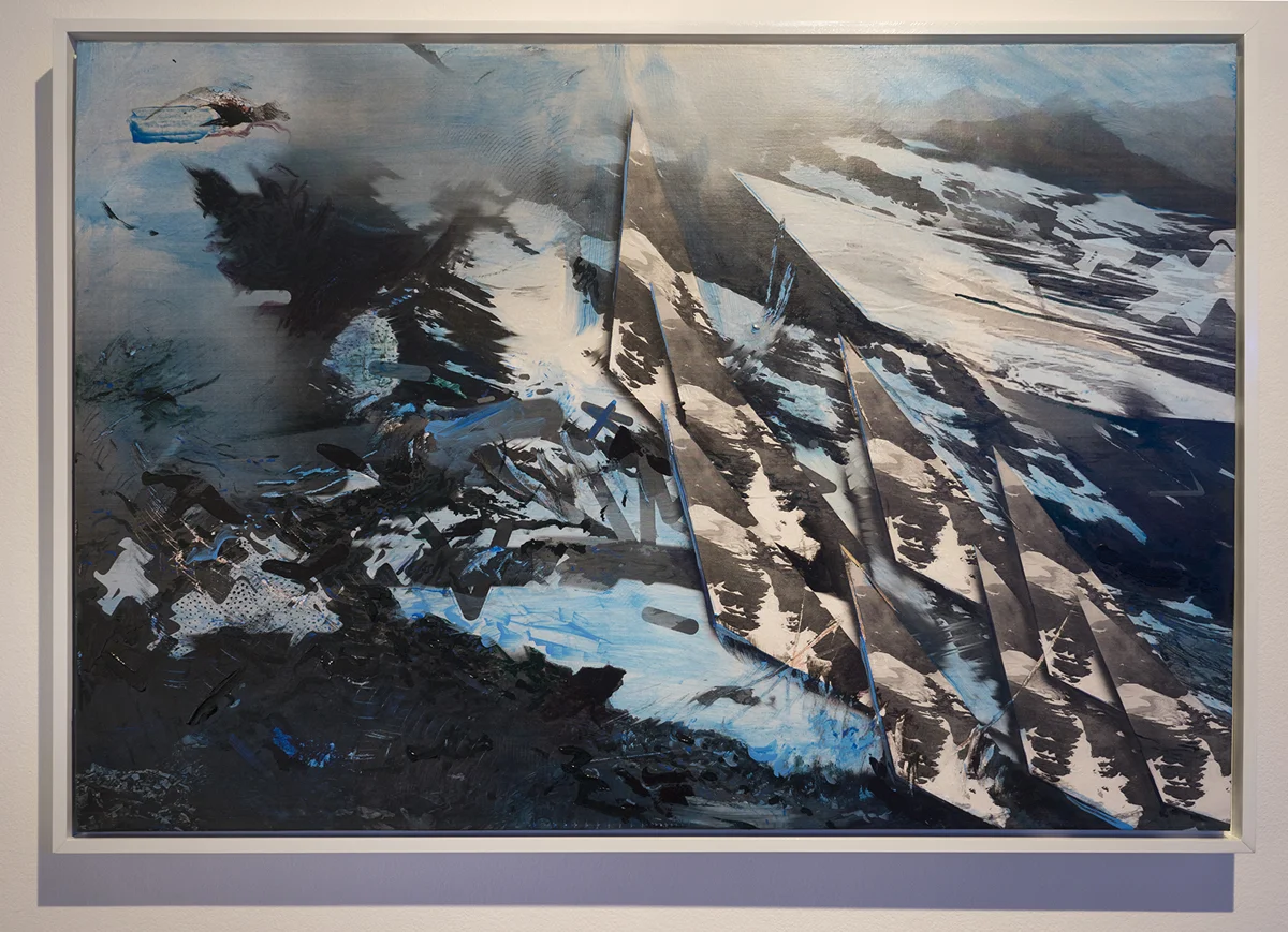 Scrambled encounters in Glacier National Park . Acrylic, collage on canvas. 30 inches x 44 inches. 2016.