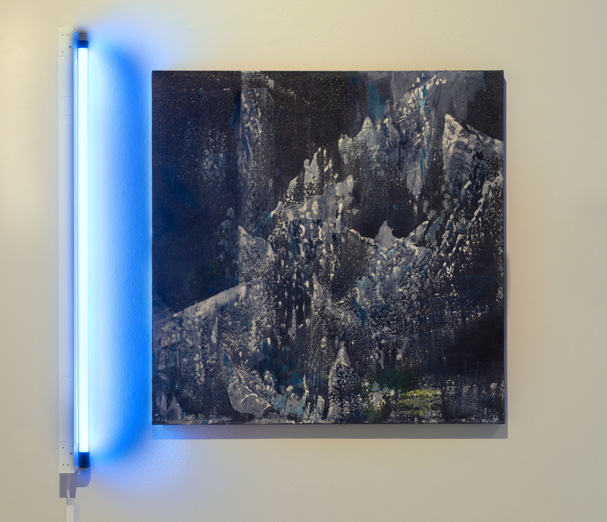 Time Spray . Acrylic, cyanotype on cotton canvas. LED light. 38 inches x 38 inches. 2017.