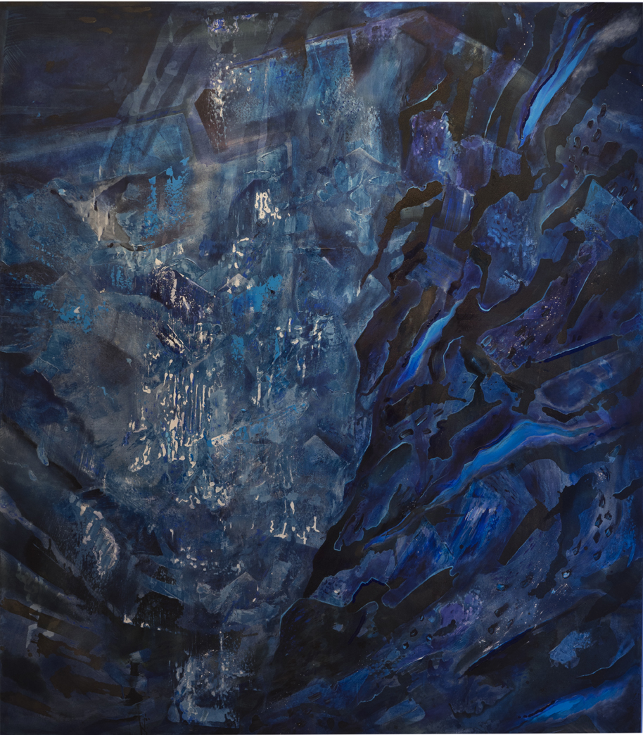 Pressed: Slipping Toward the Geologic. Acrylic, cyanotype, carbon, pigment, calcium carbonate on cotton canvas. Pine. LED tubes and fixtures. Extension cords. Chain and carabiners. 96 inches x 84 inches. 2017.