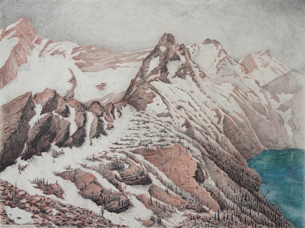 Sunrise and Mountaineer: Mission Mountain Wilderness. Graphite and color pencil. 18"x24". 2015.