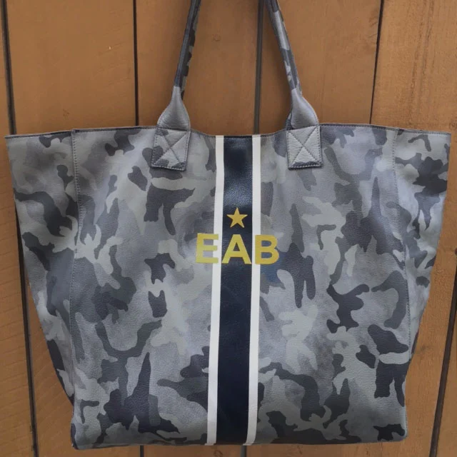 NOHA Tote in Gray Camouflage leather with hand painted center stripes in Cream/Black/Cream. Initials and star in gold metallic