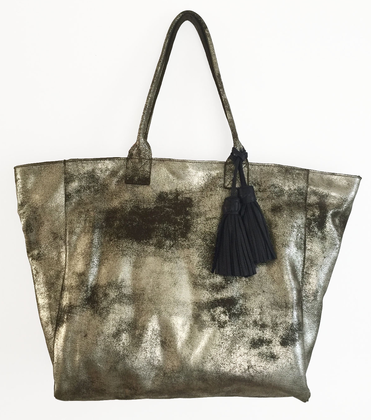 NOHA Tote in Gray Camouflage leather with hand painted center stripes in  Cream/Black/Cream. Initials and star in gold metallic — NOT RATIONAL