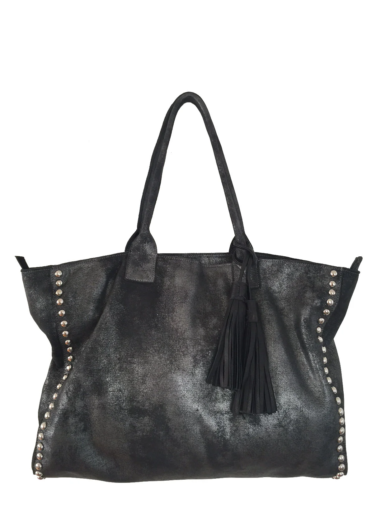 JAKE Tote Studded in Silver Distressed Leather with Tassel Accessory