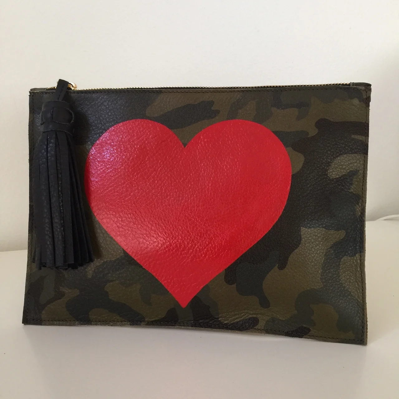 Tassel Pouch in Camouflage Leather with Painted Heart