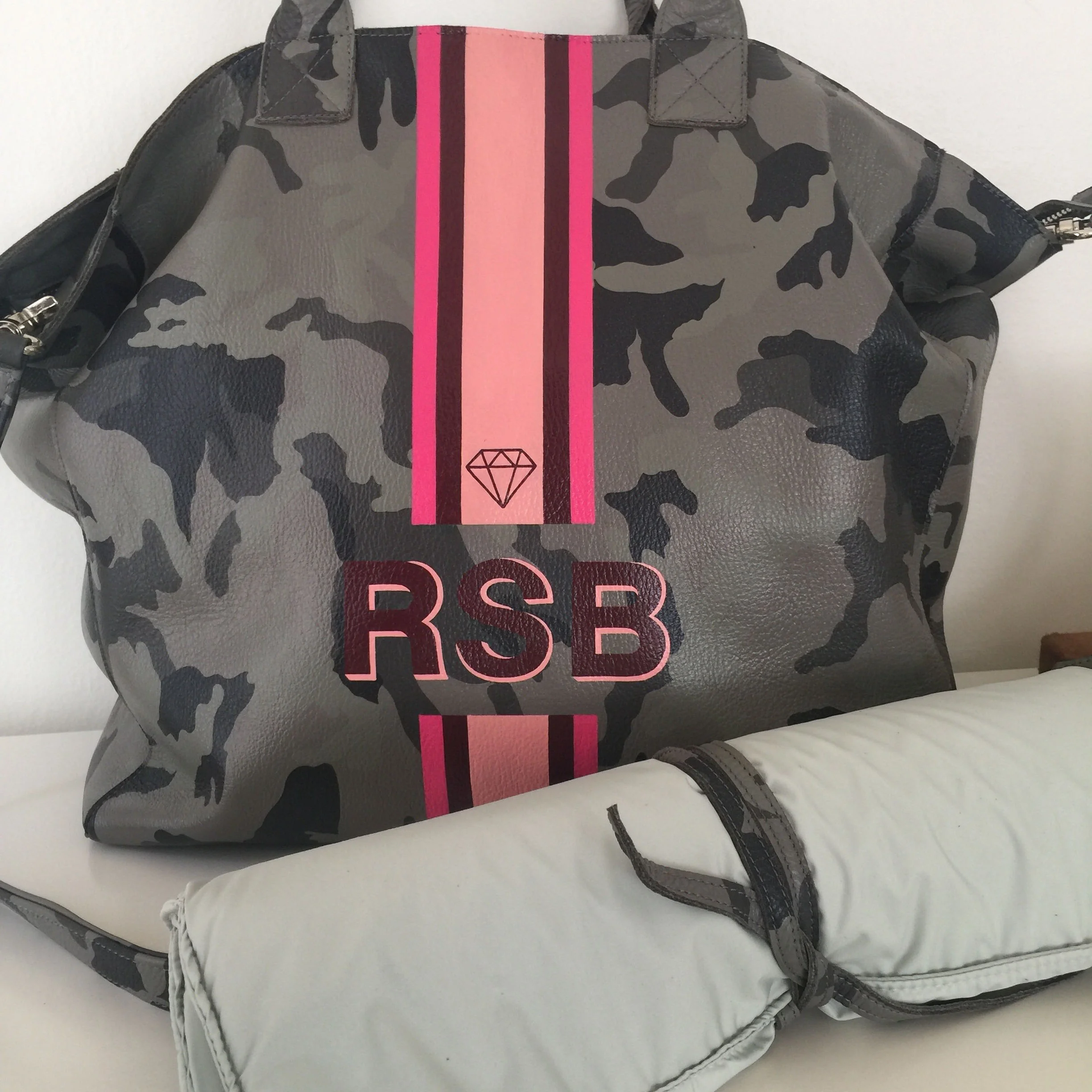 Noha Diaper Bag or Tote in Gray camouflage leather - personalized