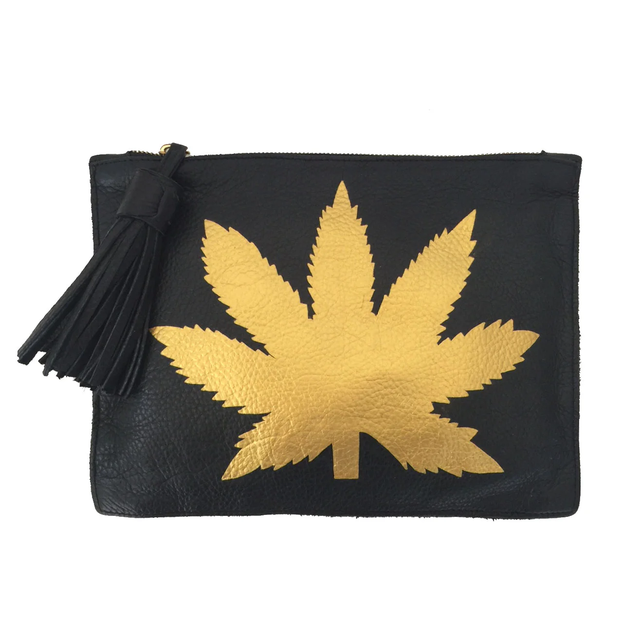 7"x10" Tassel Clutch with Hand Painted Gold Hemp Leaf