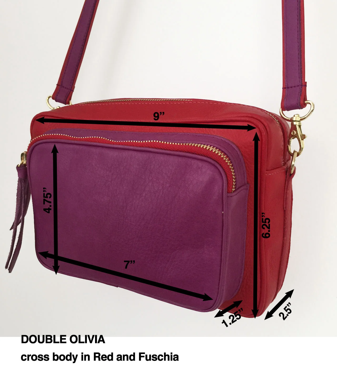 Double Olivia Bag - red and fuschia 3_4 with measurements.jpg