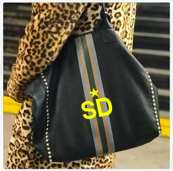 Noha Studded tote in black leather personalized with handprinted stripes and initials