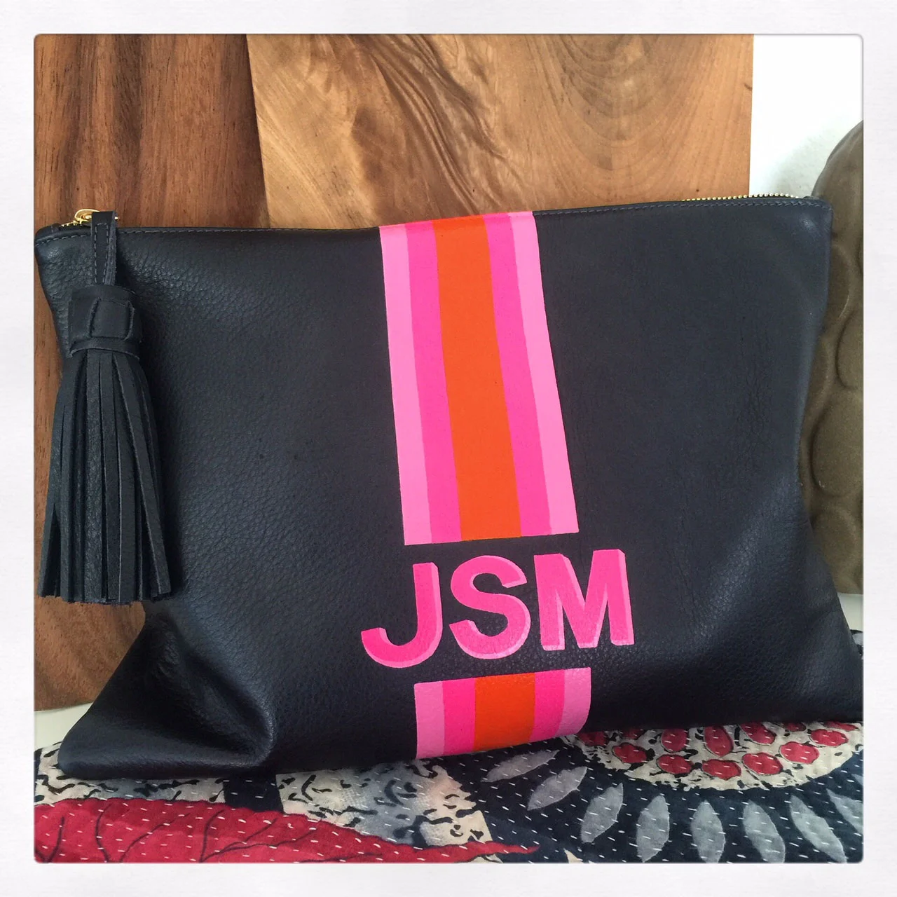 Tassel Clutch Customized with Pink stripes and Initials