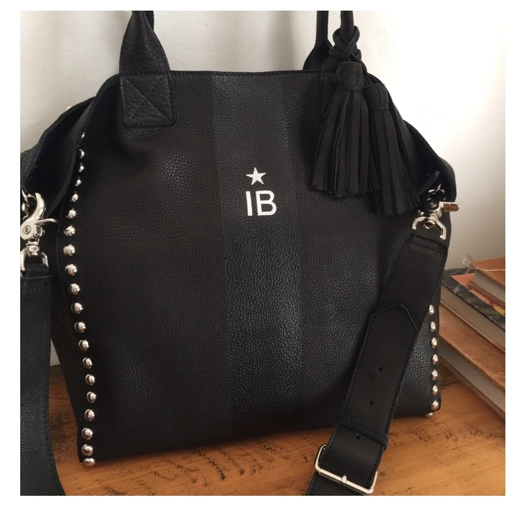 Studded Mini Noha in Black Leather with Black stripe and silver initials