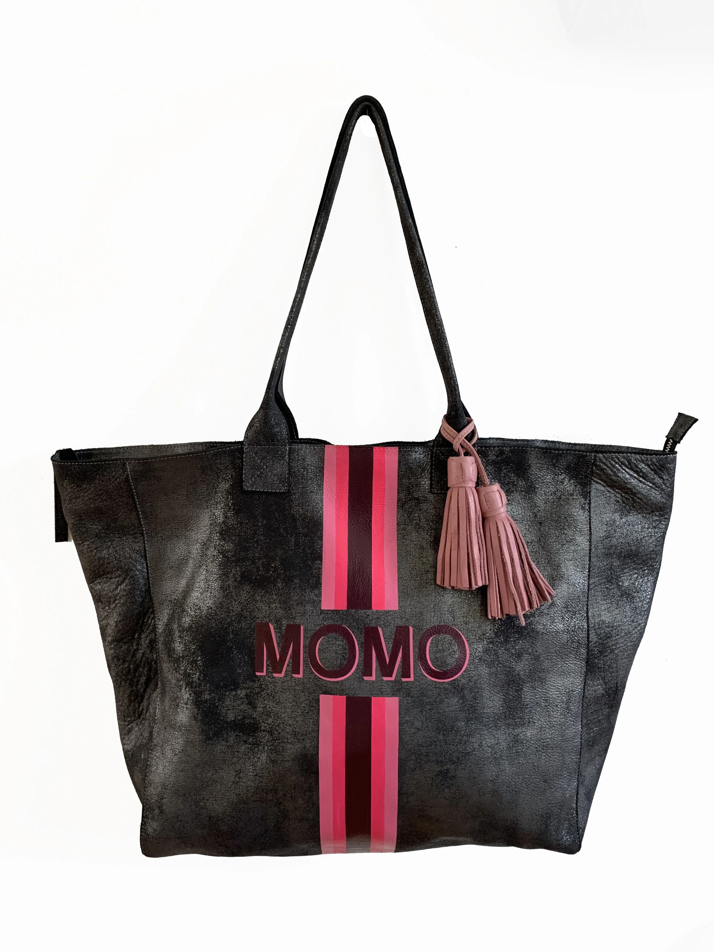 Noha Tote in Silver Distressed Leather - Personalized with stripes and initials