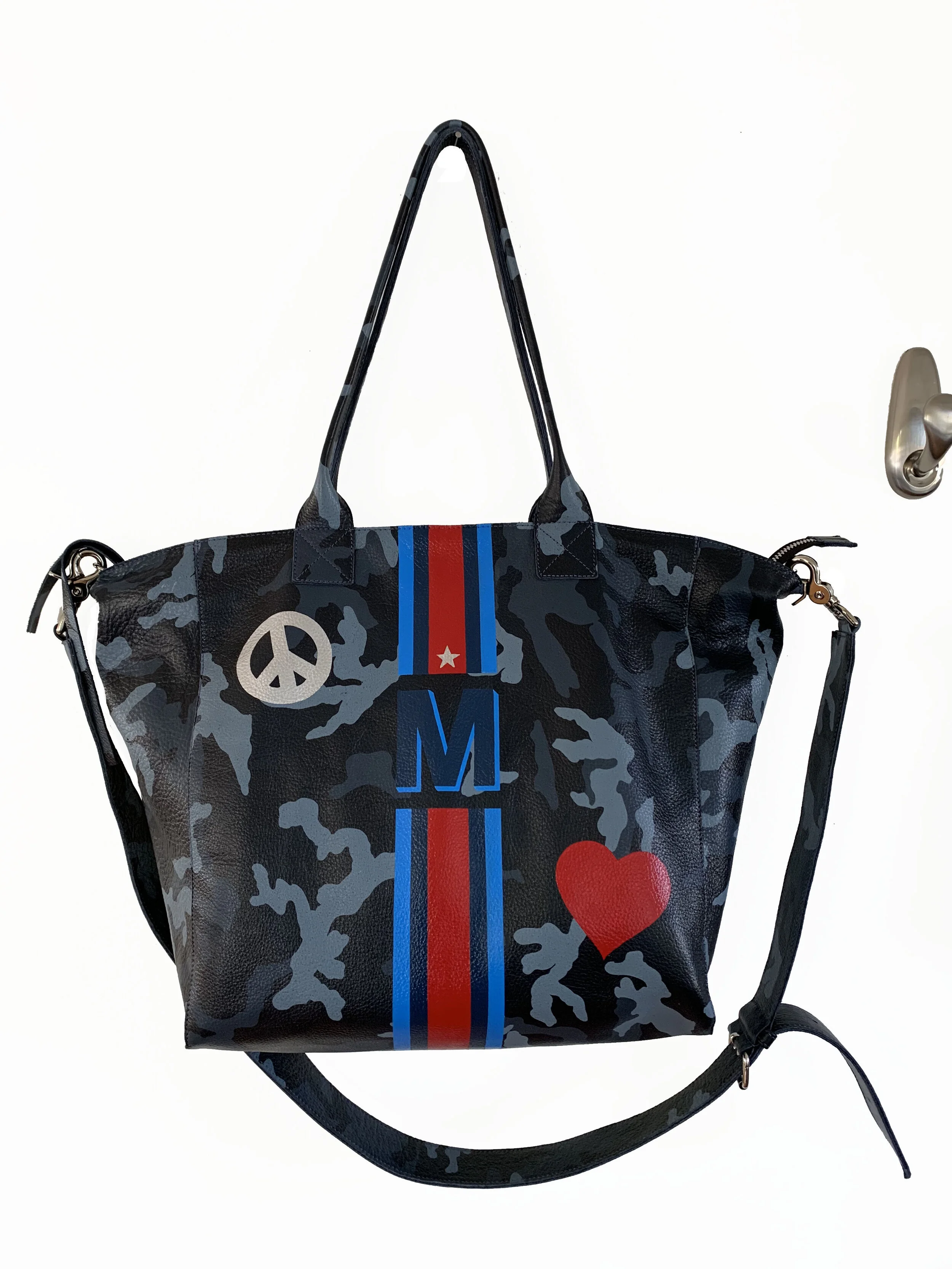 Mini Noha Tote in Navy Camouflage Leather stripes, initials, peace sign and heart