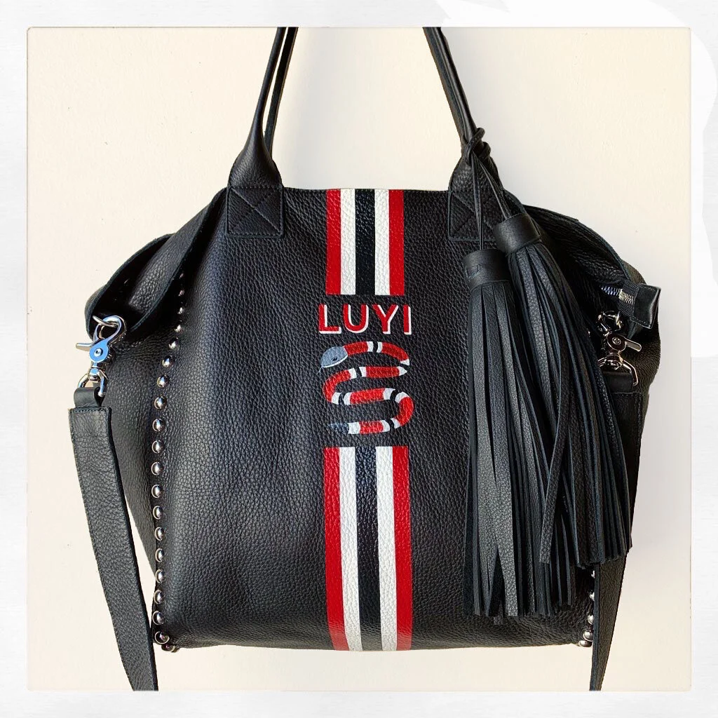 Studded Mini Noha in Black Leather with Snake, Stripes and Initials