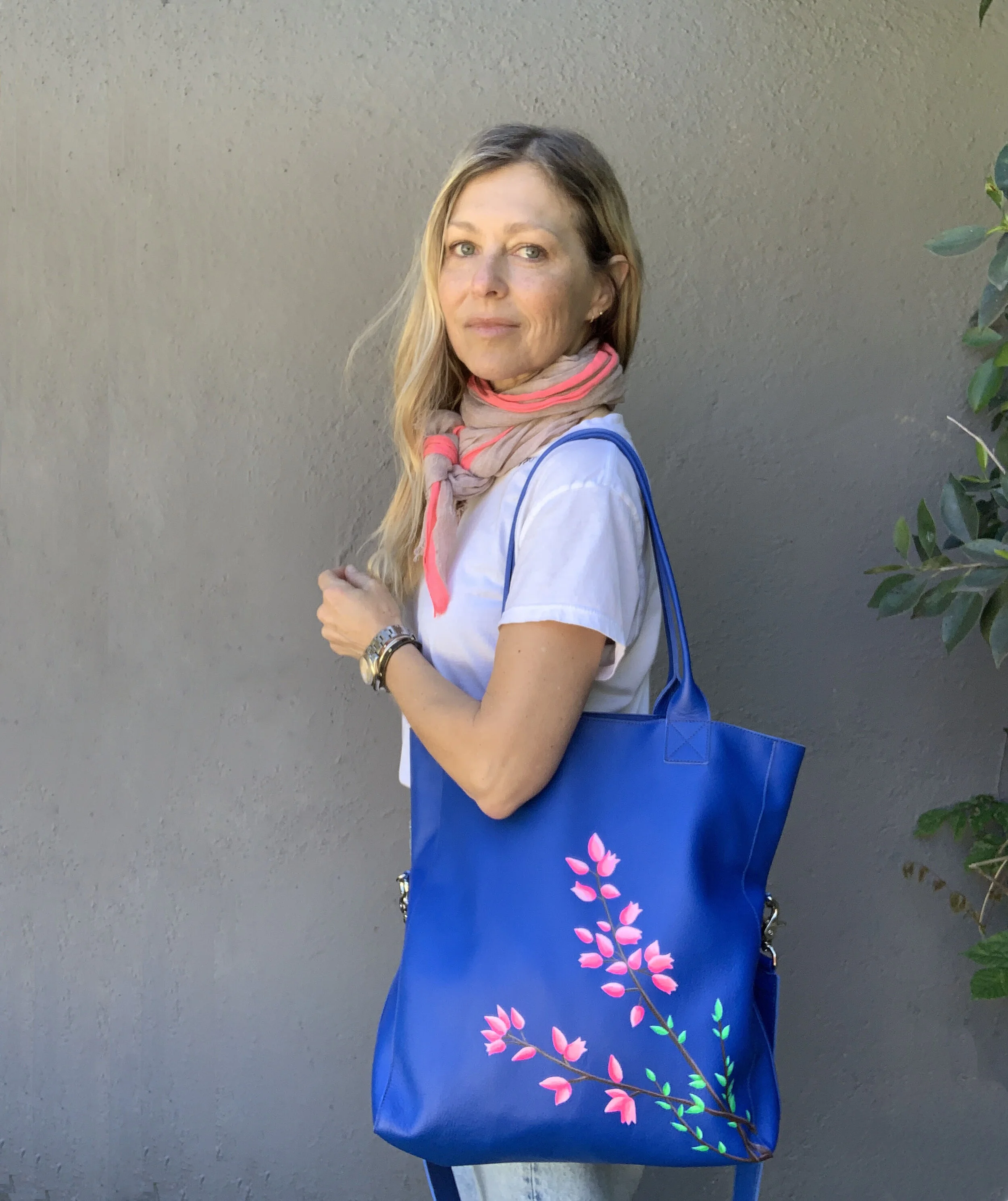 NEW! CHARLIE FOLD-OVER TOTE in ROYAL BLUE LEATHER with FLOWERS and INITIALS