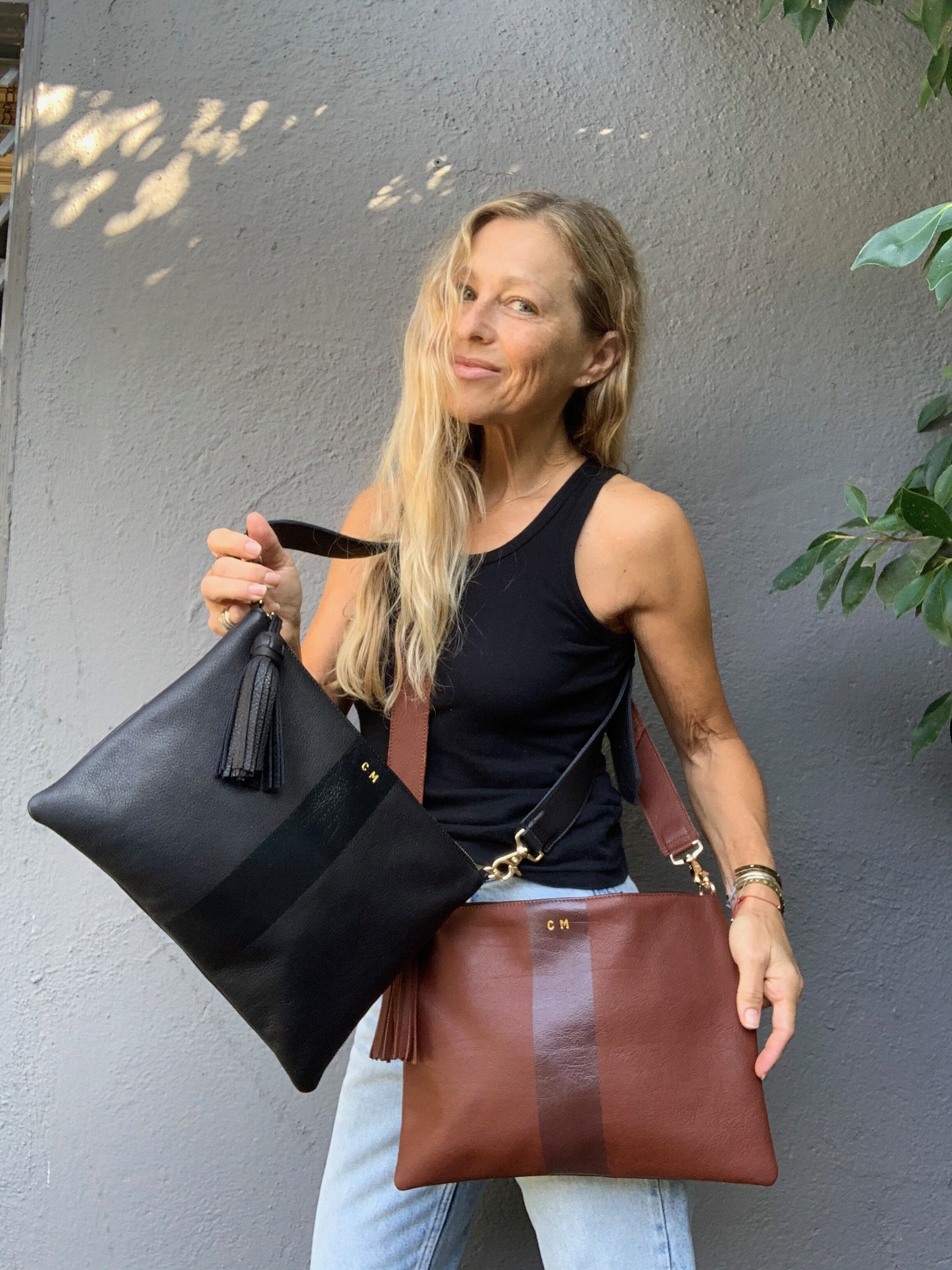 Tyler Crossbody Customized with 1 Stripe and Small Gold Initials