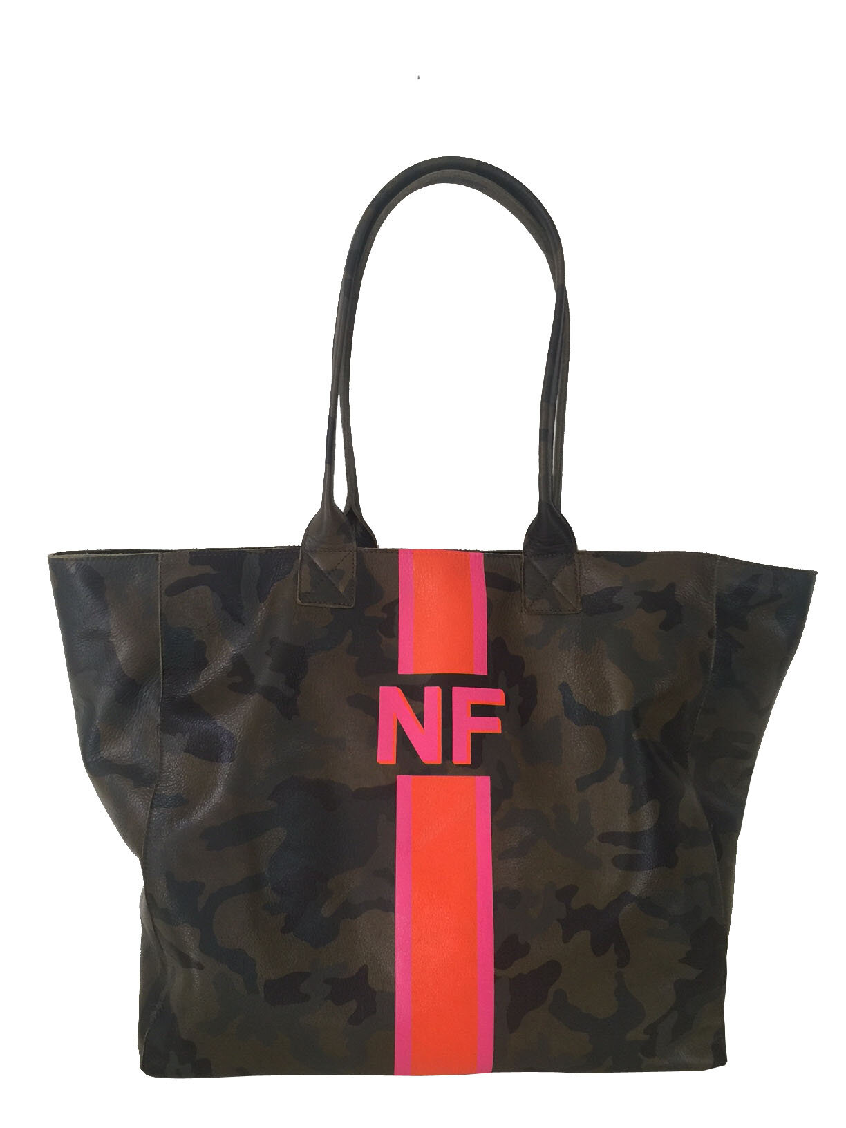 Noha Tote in Green Camouflage Personalized with Hot Pink and Orange Stripes + Initials