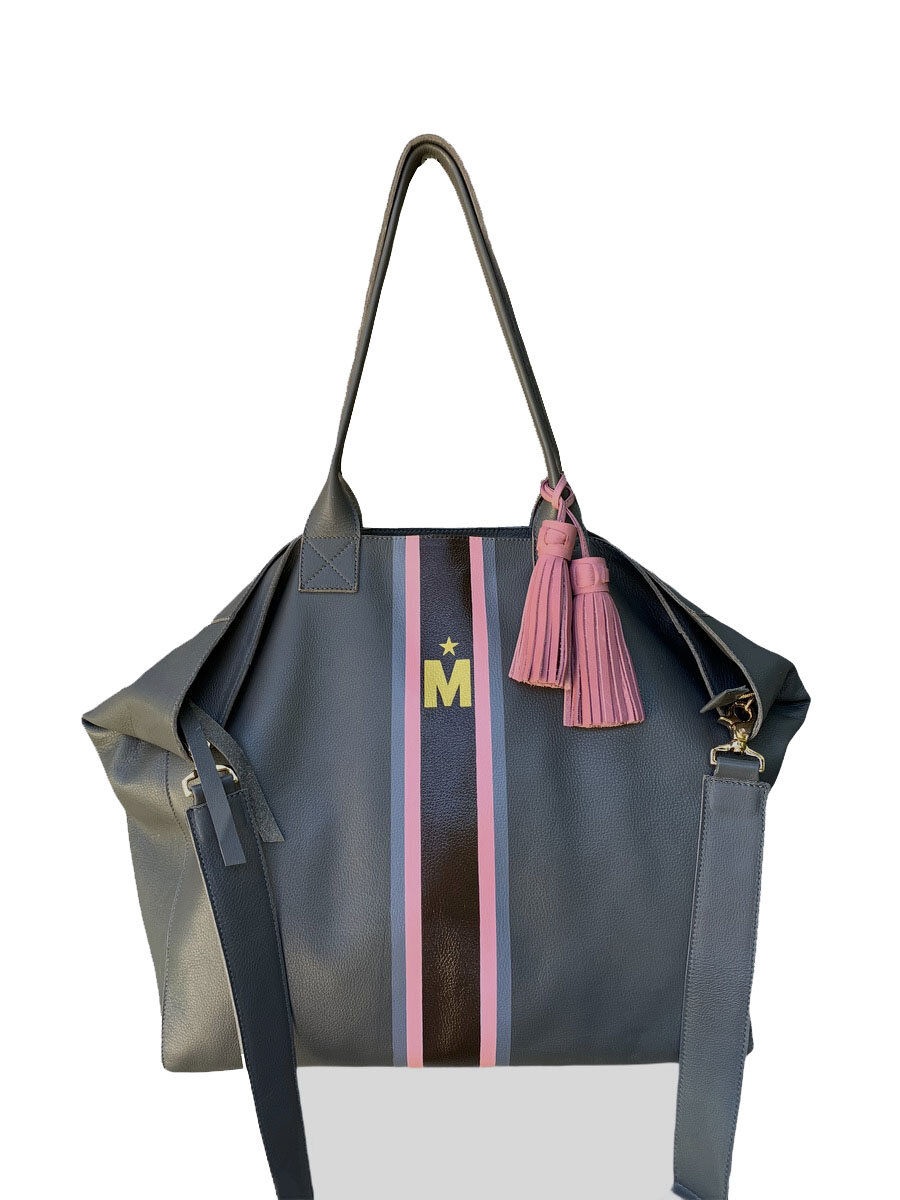 Mini Noha Tote in Gray Leather Personalized with stripes and Gold Initial