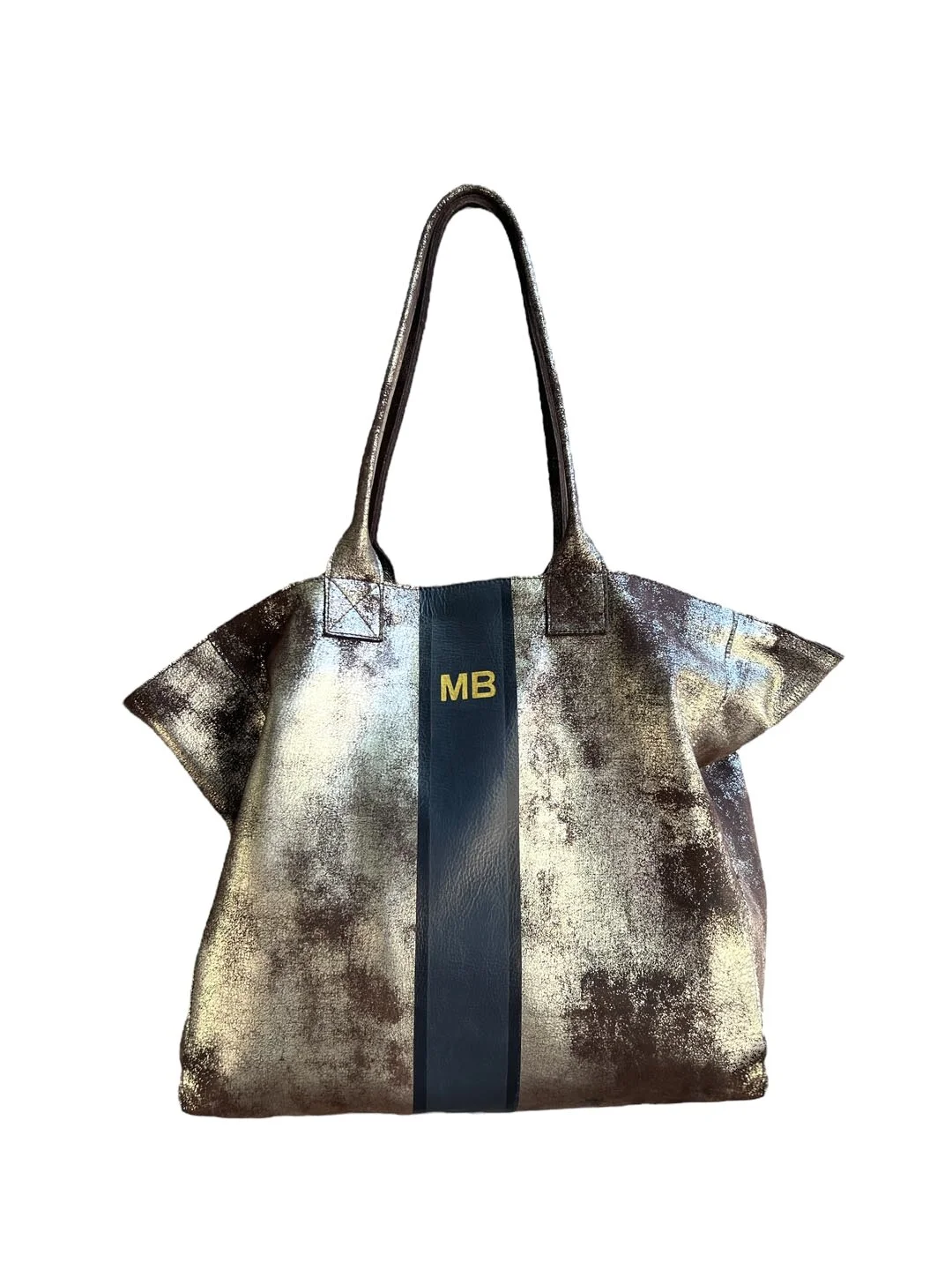 Noha Tote Customized with Gray Stripes and Gold Initials