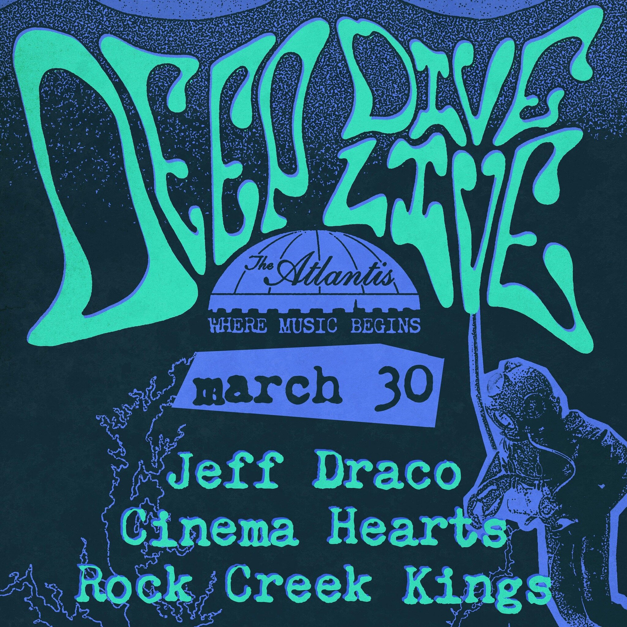 THIS SATURDAY! Local DC music takes over @theatlantis_dc for the Deep Dive Live series 🦑 featuring viral indie pop star @jeffdraco; the rock n roll band with a Miss America winner, @cinema_hearts; and the fresh funk folk rock of @rockcreekkings. Tic