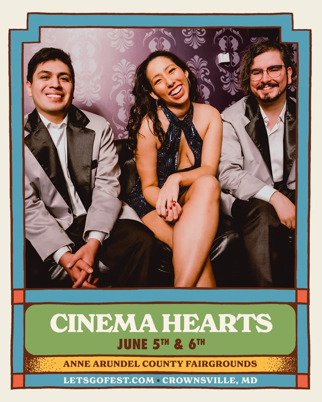 announcing our big show of the summer 🦀 we&rsquo;re thrilled to be a part of @letsgomusicfest in Maryland! June 5-6, outside Annapolis. tickets on sale now 

AND tune in tonight 9pm to @dc101radio for a very special cinema hearts appearance! we&rsqu