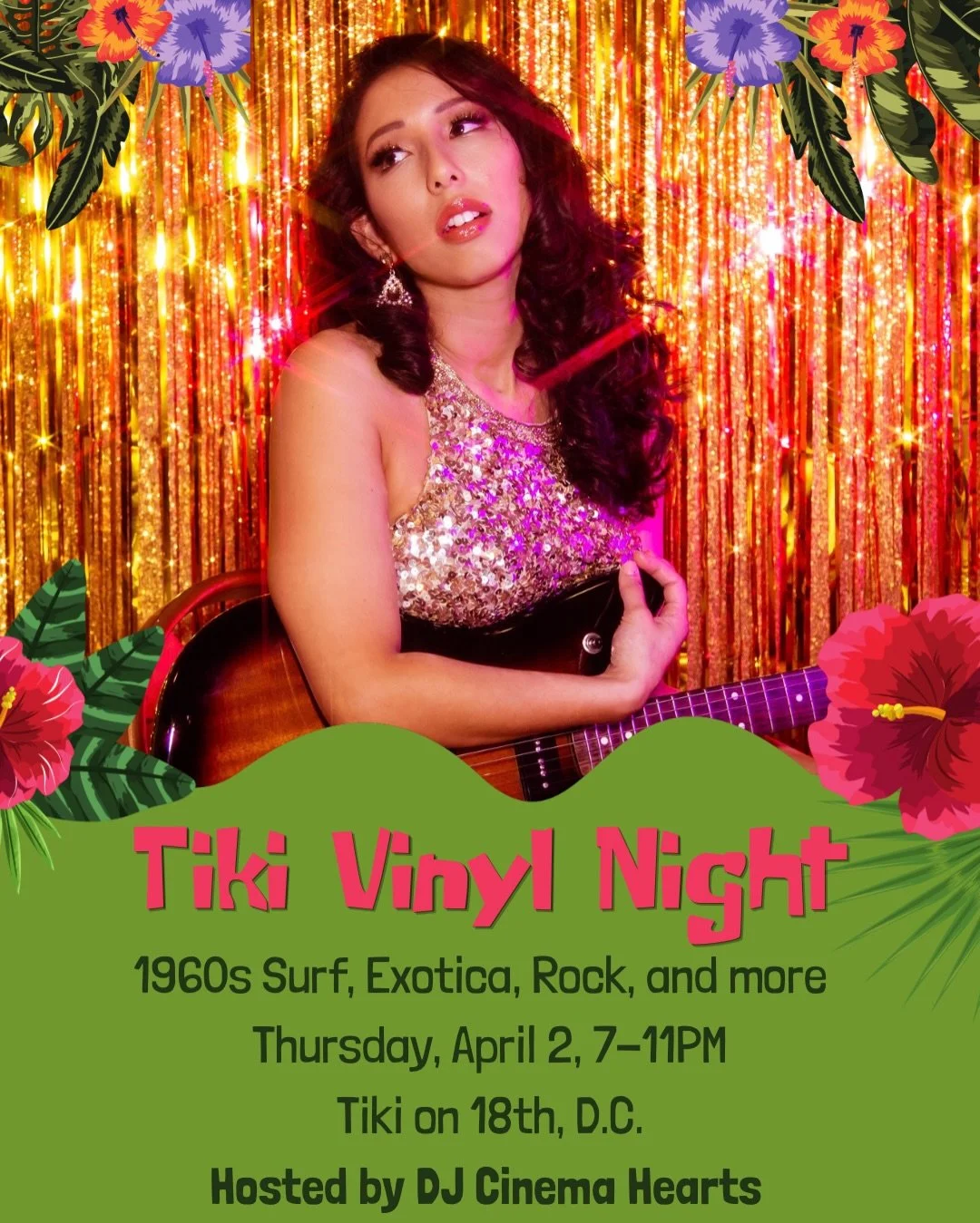 DJ Cinema Hearts is back with a new vinyl night! Summer starts early with a 1960s tropical beach party at @tikion18dc next Thursday, April 2, 7-11pm 🌊 Enjoy a Mai Tai or Zombie while listening to classic tiki bar music on vinyl🍹 

You might know me