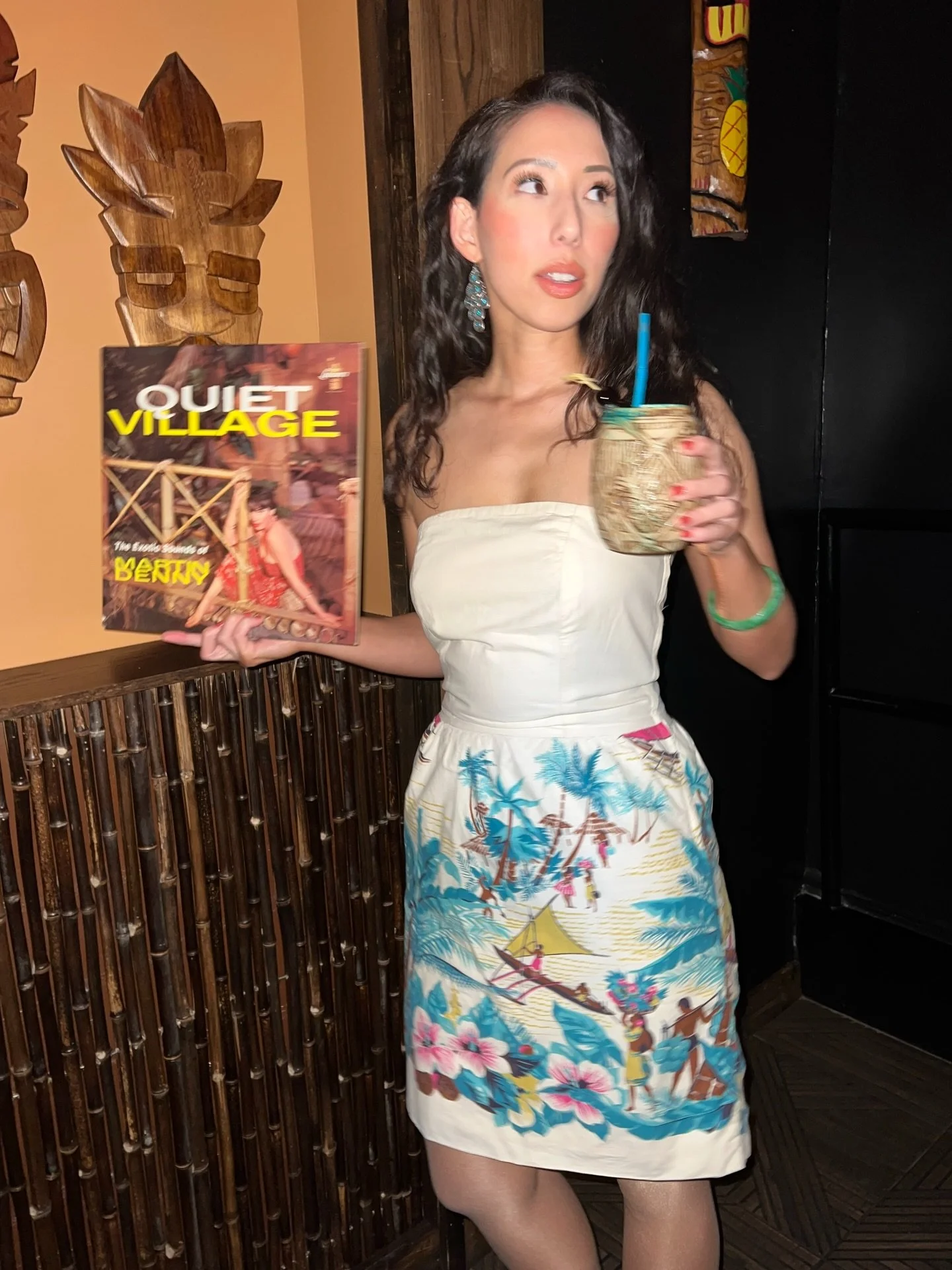 the new exotic sounds of DJ Cinema Hearts 🌺 🍹🗿

thanks for coming to my first vinyl night at @tikion18dc &mdash; we&rsquo;re making it a regular event! join for vintage tiki vibes on the first Thursday of the month. all-vinyl 60s surf, exotica, ro