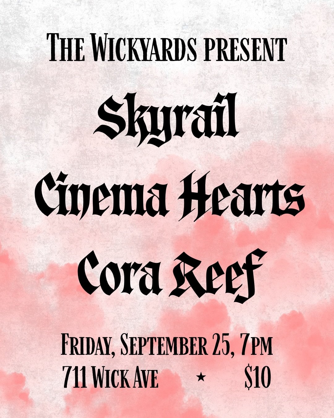 YOUNGSTOWN! Come to a DIY show at a former funeral home ⚰️ @wickyards hosts a pop rock concert on 9/25 with Washington, DC band @cinema_hearts and YO locals @skyrail_band and @corareefmusic. $10 at the door