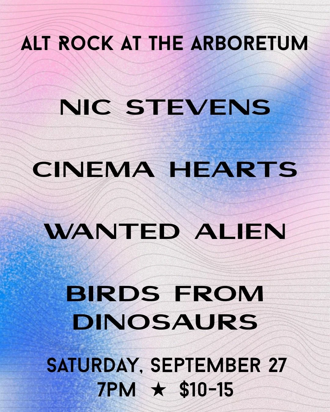 Alt Rock at @the.arboretum.music.venue ⚡️ Touring bands @cinema_hearts (DC) and @wantedalienband (OH) come to Detroit/Saline to play with locals @birdsfromdinosaurs and @nicstevensmusic. For fans of grunge, indie rock, psych rock, 60s rock 🪨 🪨 🪨 

