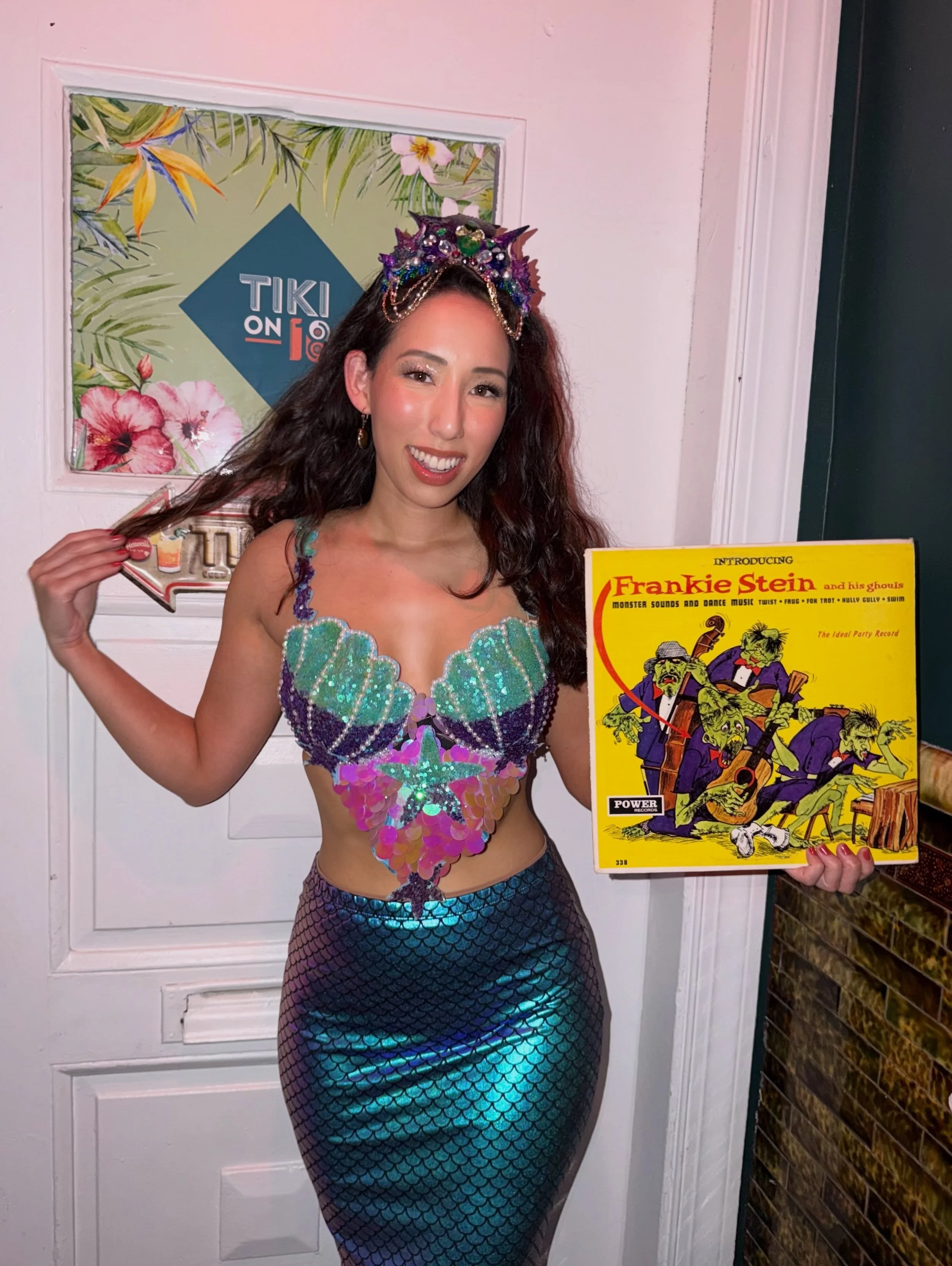 welcome to my grotto 🧜&zwj;♀️ 🫧 thank you so much for coming out each month to Tiki Vinyl Night. BIG NEWS &mdash; Tiki Vinyl Night is now happening twice a month! Come to @tikion18dc on the 1st and 3rd Thursdays for retro 1960s surf rock, exotica, 