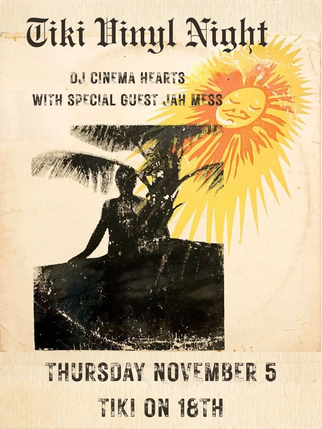 The weather is cooling down, but inside @tikion18dc we are heating up 🌞&nbsp;DJ @cinema_hearts spins all vinyl 60s surf, exotica, Hawaiian, rock, and soul for Tiki Vinyl Night on Nov 5.

At 8pm, hear the DJ debut of JAH MESS (@_jdigby) spinning vint