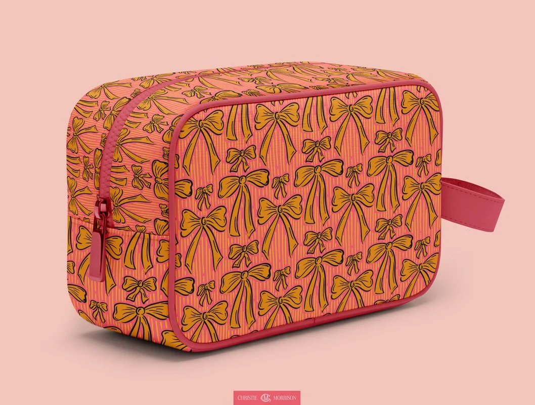 Bright Bow pattern in pink and orange colors, printed on cosmetic bag