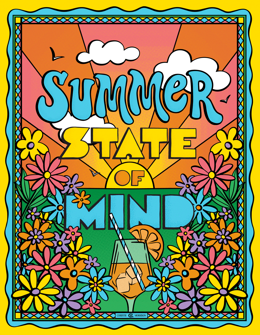 Bright Yellow graphic with Summer saying, flowers and Aperol Spritz