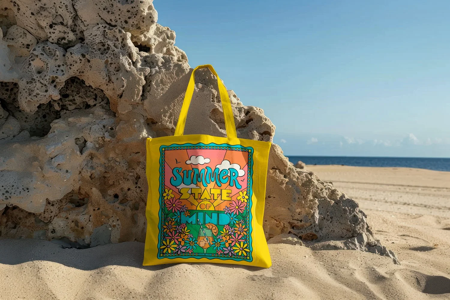 Bright Yellow Tote Bag on Beach with Summer saying, flowers and Aperol Spritz