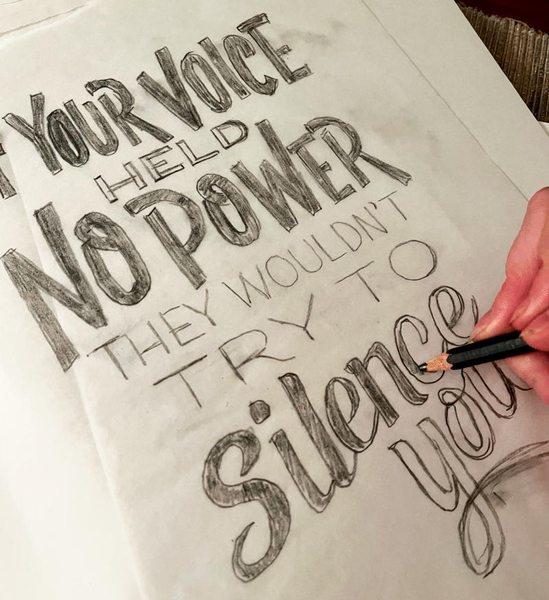 Photo of sketching "If your voice held no power, they wouldn't try to silence you" quote by RBG, Ruth Bader Ginsburg