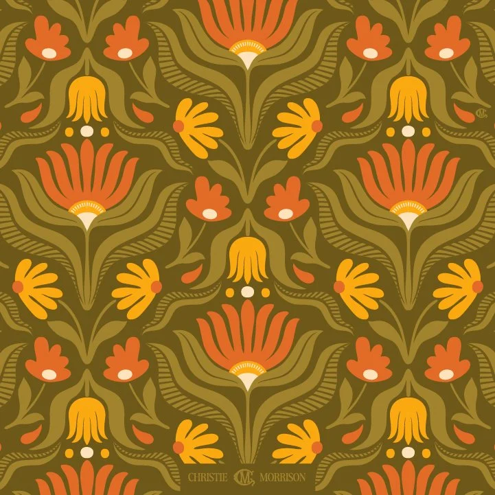 70s inspired floral design in olive, yellow and orange