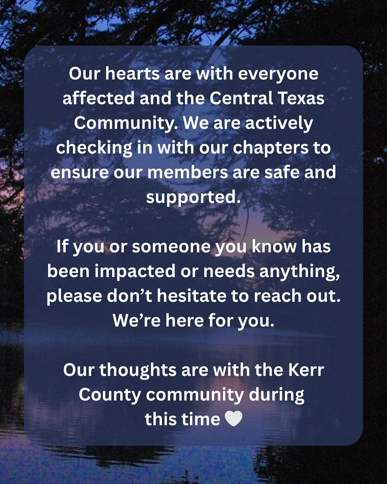 Our hearts are with everyone impacted by the Central Texas floods. If you or someone you know needs support, or if you&rsquo;re looking for ways to help, please check the link in our bio for updated relief resources. 🤍