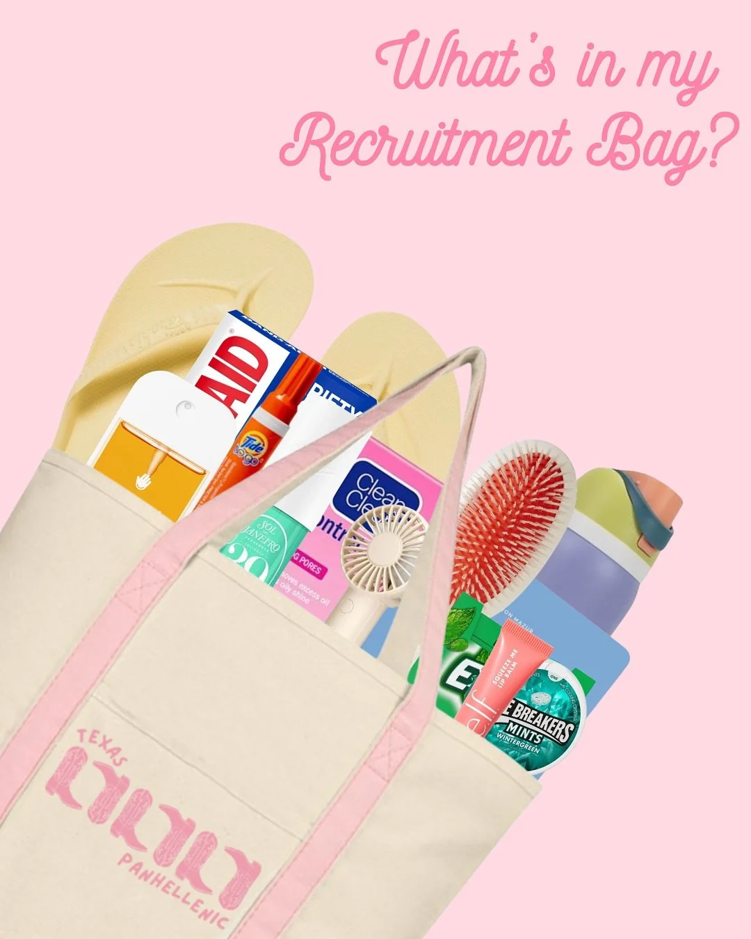 With recruitment just around the corner, it&rsquo;s time to start thinking about what to pack in your bag! 👜✨ Save this checklist to feel your best and be prepared!💕 #gogreek #texaspanhellenic
